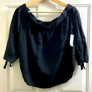 NEW with tag women’s linen off-shoulder black small Petite knotted‎ sleeve